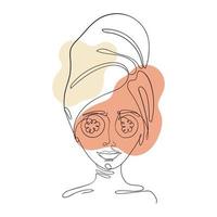 Vektor Illustration Konzept von Zuhause Gesichts- Pflege, kosmetisch Verfahren. linear Zeichnung von weiblich Gesicht Boho Stil, Flecken im Beige Töne