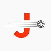 Sport Auto Brief j Automobil Logo Konzept mit Transport Reifen Symbol vektor