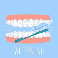 Reinigung Zähne mit Zähne Bürste. Dental Pflege, Bleaching Konzept. hell, positiv Komposition, Prozess von Hygiene Verfahren. Vektor Illustration