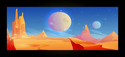 Außerirdischer Planet Oberfläche, futuristisch Landschaft Hintergrund mit glühend Mond oder Satellit über Felsen Cliff im dunkel sternenklar Himmel. Fantasie Berge, Buch oder Computer Spiel Szene, Karikatur Vektor Illustration