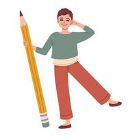 süß Schüler Mädchen Stehen mit ein groß Bleistift. eben Design Stil minimal Vektor Illustration.