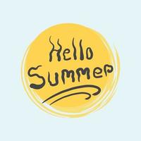 Hallo Sommer- handgeschrieben Beschriftung zum t Shirt, reisen, Strand. Hallo Sommer- Vektor Illustration mit Sonne Glas, Pflaume Baum.