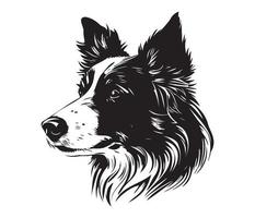gräns collie ansikte, silhuett hund ansikte, svart och vit gräns collie vektor