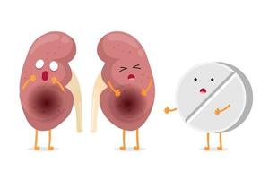 traurige leidende kranke Niere mit Drogenmedikamenttablettencharakteren. menschliches Anatomie-Urogenitalsystem internes ungesundes Organ mit Tablette. Vektorkarikatur isolierte Illustration vektor