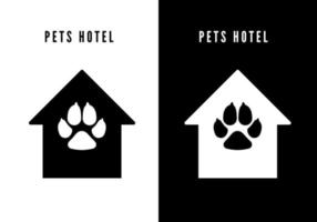 Haustier Hotel Symbol. schwarz Haus mit Hund Fußabdruck. Logo zum Haustier Hotel. Vektor