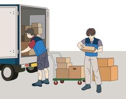leverantören tar lådan ur lastbilen. handritade illustrationer för stilvektordesign. vektor