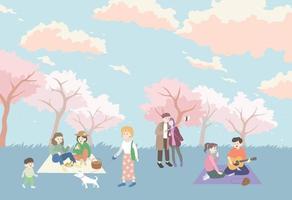 folk gick på picknick i körsbärsblomsparken. handritade illustrationer för stilvektordesign. vektor