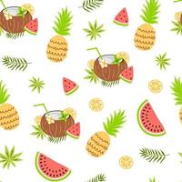 exotisk frukt sömlös mönster. sommar tropisk frukt bakgrund. kokos, vattenmelon, ananas, djungel löv. sommar färsk frukt textil- design omslag papper omslag, tapeter. vektor illustration.