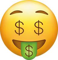 Dollar Augen Emoji. Geld Gesicht Emoticon mit Grün Zunge vektor