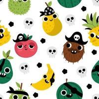 Vektor komisch kawaii Obst nahtlos Muster. Pirat Früchte wiederholen Hintergrund. Comic Digital Papier mit Pflanzen mit Augen, Pirat Hut, Auge Patch, und Mund. gesund Sommer- Essen Textur