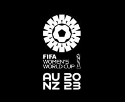 fifa kvinnor värld kopp australien ny zealand 2023 officiell logotyp vit världsliga mästare symbol design abstrakt vektor illustration med svart bakgrund