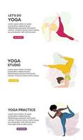 uppsättning med yoga och friska livsstil sporter och kropp positiv koncept.ung Lycklig överdimensionerad kvinnor i yoga placera. för mobil app sida eller hemsida baner yoga klasser vektor