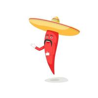 Chili Zeichen mit Schnurrbart im Sombrero. Vektor isoliert auf Weiß