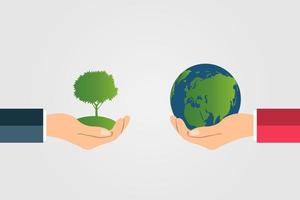 Die Welt in Ihren Händen Ökologiekonzept. Grüne Städte helfen der Welt mit einer umweltfreundlichen Konzeptidee. Mit Globus- und Baumhintergrund. Vektorillustration