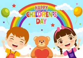 Lycklig barn dag vektor illustration med pojke och flicka barn i leksaker på bakgrund platt tecknad serie hand dragen för webb baner eller landning sida mallar