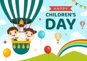 glücklich Kinder Tag Vektor Illustration mit Junge und Mädchen Kinder im Spielzeuge auf Hintergrund eben Karikatur Hand gezeichnet zum Netz Banner oder Landung Seite Vorlagen