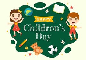 Lycklig barn dag vektor illustration med pojke och flicka barn i leksaker på bakgrund platt tecknad serie hand dragen för webb baner eller landning sida mallar