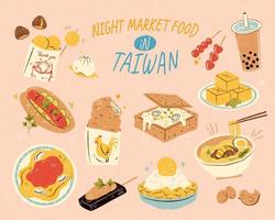köstlich Taiwan Nacht Markt Essen Sammlung im Hand gezeichnet Stil vektor