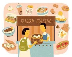 Taiwan Straße Essen Verkäufer mit viel von köstlich Küche im Hand gezeichnet Stil vektor