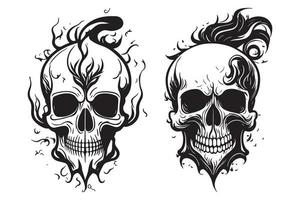 skalle med brand och rök effekt enkel tatuering design svart översikt vektor på vit bakgrund