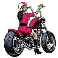 hand teckning kvinnor klädd i santa claus kostym och ridning chopper motorcykel vektor