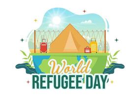 värld flykting dag på 20 juni vektor illustration med invandring familj och deras barn gående söka Hem i hand dragen tråd staket mallar