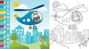 vektor tecknad serie av söt flodhäst på helikopter flygande tvärs över byggnader, färg sida eller bok med