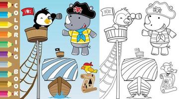 vektor tecknad serie av pirat element med noshörning i pirat kostym, pingvin med binokulär, papegoja med Karta, färg sida eller bok