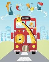 Vektor von komisch Tiere Karikatur auf rot Bus im Stadt Straße