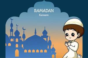 liten muslimsk pojke ber vid moskén ramadan kareem tecknad illustration vektor