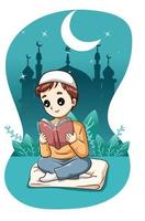 muslimischer Junge, der ein Buch in der Nacht ramadan kareem Karikaturillustration liest vektor