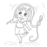 en liten rolig man chibi i kläder hoppar med en band kontur vektor illustration i de stil av en klotter