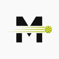 brev m pickleball logotyp symbol. ättikslag boll logotyp vektor mall