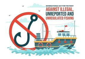 International Tag zum das Kampf gegen illegal, nicht gemeldet und ungeregelt Angeln Vektor Illustration mit Stange Fisch im eben Hand gezeichnet Vorlagen