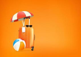 orangefarbene Reisetasche mit Sonnenschirm, Ball und medizinischer Maske. Reise nach der Pandemie vektor