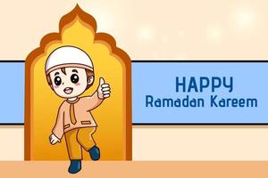 niedlicher muslimischer Junge glücklich bei Ramadan Kareem Cartoon Illustration vektor