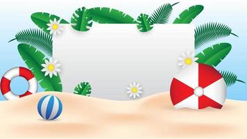 Sommer- Banner Hintergrund mit Blätter, Blume, Regenschirm, Strand Ball, Sonnenbrille und Weiß Tafel zum das Text vektor