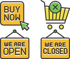 Kaufen jetzt oder öffnen Zeichen mit Einkaufen Wagen und Mauszeiger. Vektor Illustration