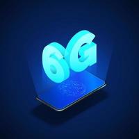 6g hög hastighet mobil nätverk. mobil telefon med internet förbindelse på skärm. teknologi bakgrund. 6g isometrisk baner. vektor