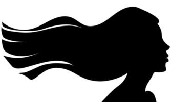 das Silhouette von ein schön Frau mit lange Haar fließend im das Wind im Profil. Vorlage zum Postkarten, Grüße, Flyer, Banner zum ein Schönheit Salon, Friseur oder Damen Tag auf März 8 vektor