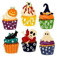 en uppsättning av realistisk muffins för halloween. kusligt dekorerad cupcakes, tema liten kakor för oktober 31 och en skrämmande efterrätt uppsättning av tecknad serie vektor illustrationer. bakning för halloween. dag av de död-