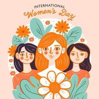 International Damen Tag Konzept mit drei jung Mädchen Zeichen auf Blumen- dekoriert Hintergrund. vektor