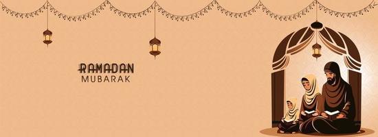 Ramadan Mubarak Banner Design mit Muslim Familie lesen Koran Buch zusammen auf hängend Arabisch Lampen dekoriert Pfirsich Hintergrund. vektor