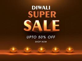 Diwali Super Verkauf Poster Design im Bronze- Farbe mit zündete Öl Lampen. vektor