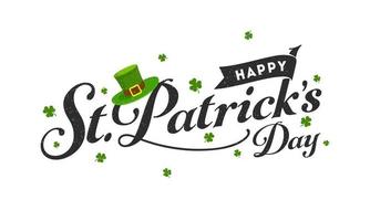 schwarz glücklich st. Patricks Tag Schriftart mit Kobold Hut und Kleeblatt Blätter auf Weiß Hintergrund. vektor