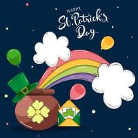 glücklich st. Patrick's Tag Schriftart mit Kessel beim das Ende von ein Regenbogen Wolke, Kobold Hut, Luftballons und Briefumschlag auf Blau Hintergrund. vektor