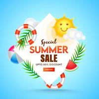 sommar försäljning affisch design med tecknad serie Sol, realistisk simning ringar, strand boll, vattenmelon skiva, tropisk löv och moln. vektor