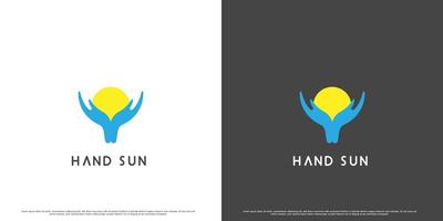 Solar- Hand Sonne Logo Design Illustration. Hand Geste Silhouette von Sonne Solar- Natur. perfekt zum Öko freundlich Geschäft Netz App Symbol. Leistung Solar- Illustration zum Umgebung Natur Öko Geschäft. vektor