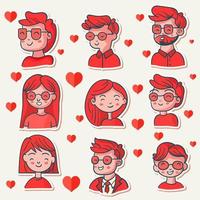 Aufkleber Stil Karikatur Jungs und Mädchen Charakter mit Herzen einstellen im rot Farbe. Liebe oder Valentinstag Tag Konzept. vektor