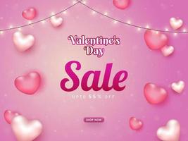 valentines dag försäljning affisch design med rabatt erbjudande realistisk hjärtan och belysning krans dekorerad på rosa bakgrund. vektor